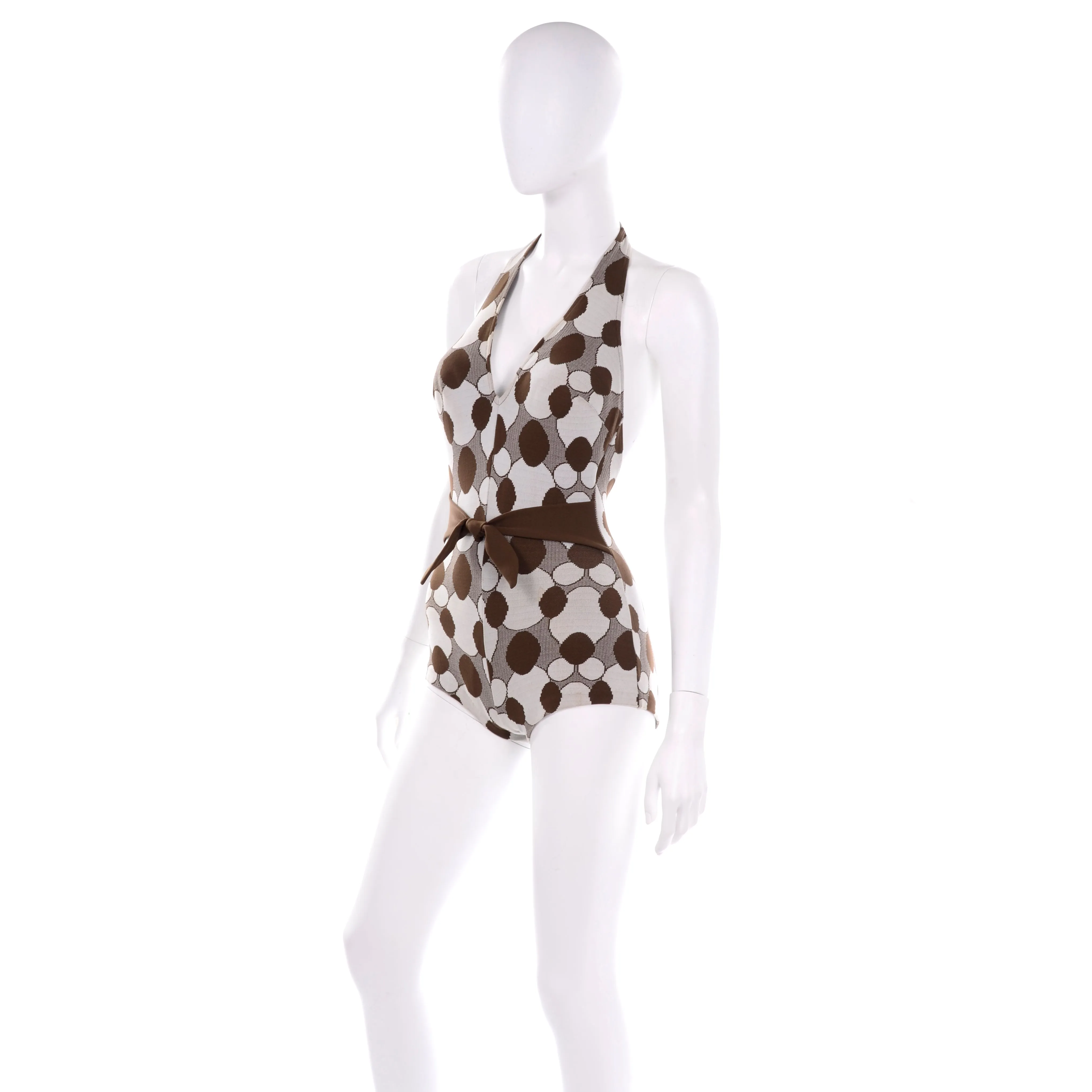 1970s Robby Len Brown Circle Design Vintage Halter Swimsuit