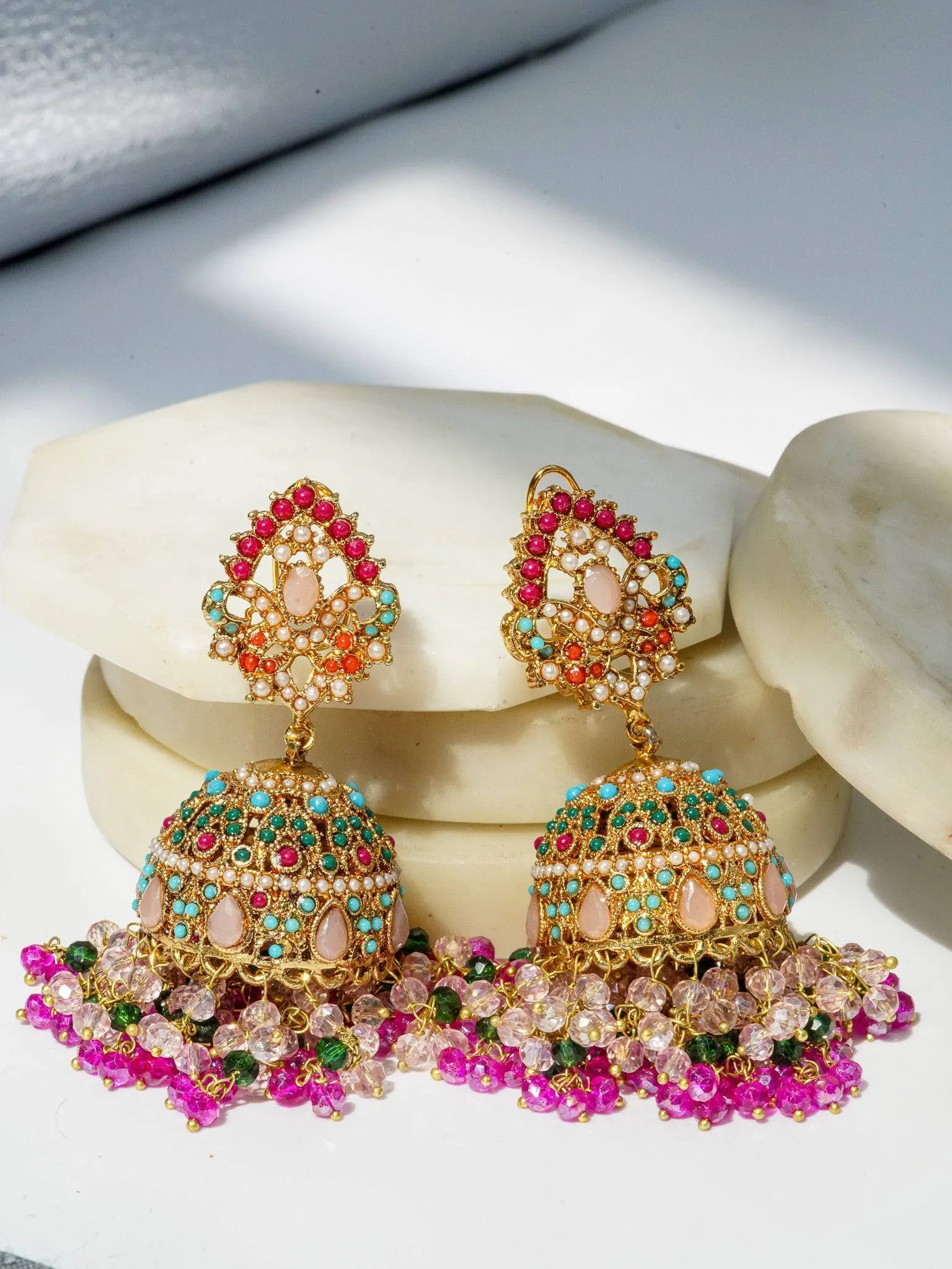 Aamina - Matte Gold Plated Multicolor Jhumkas