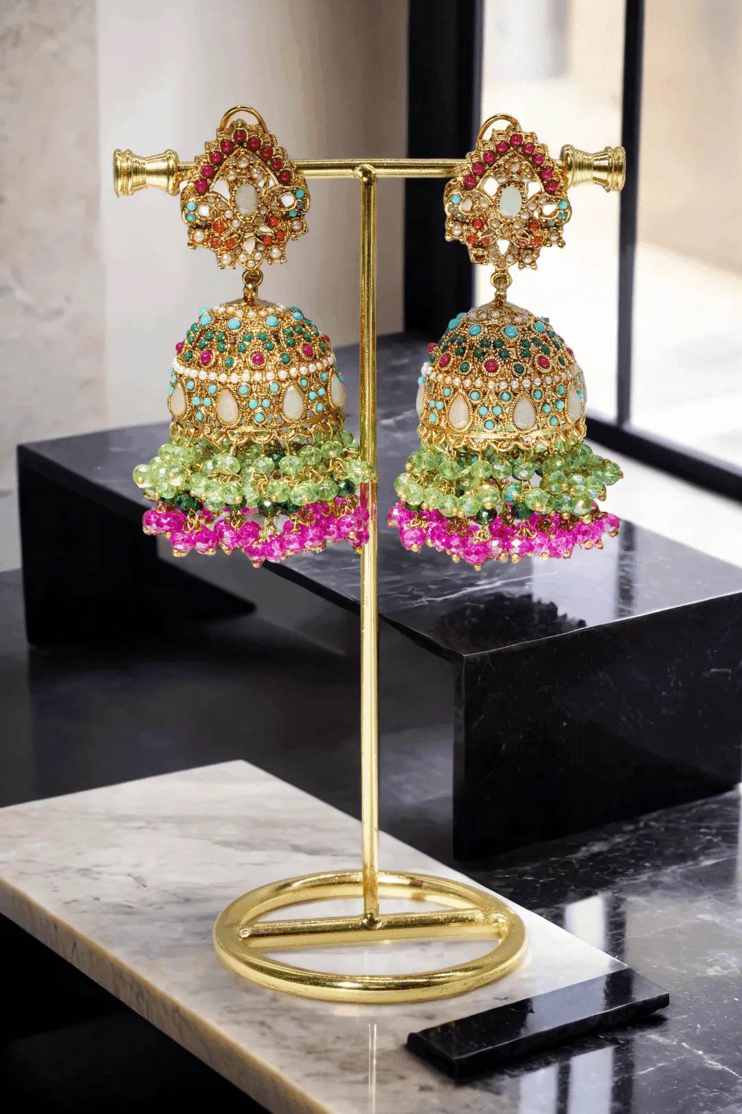 Aamina - Matte Gold Plated Multicolor Jhumkas