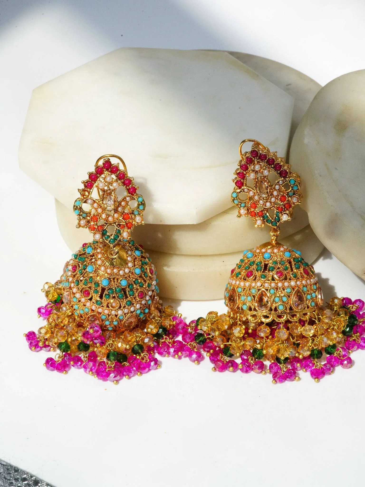 Aamina - Matte Gold Plated Multicolor Jhumkas