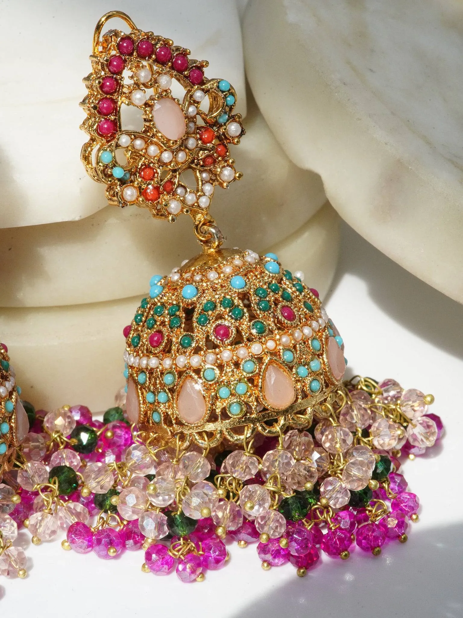 Aamina - Matte Gold Plated Multicolor Jhumkas