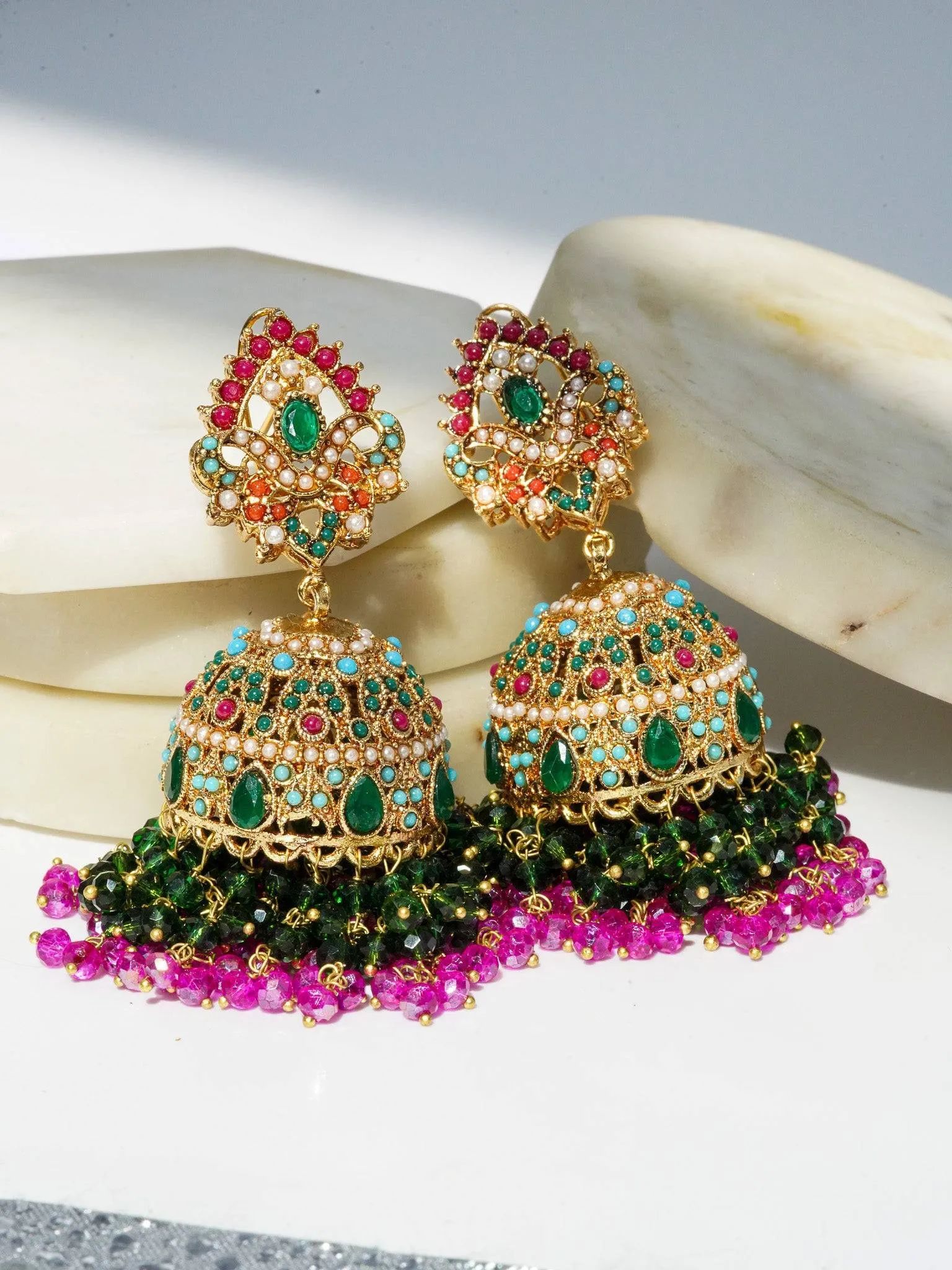 Aamina - Matte Gold Plated Multicolor Jhumkas