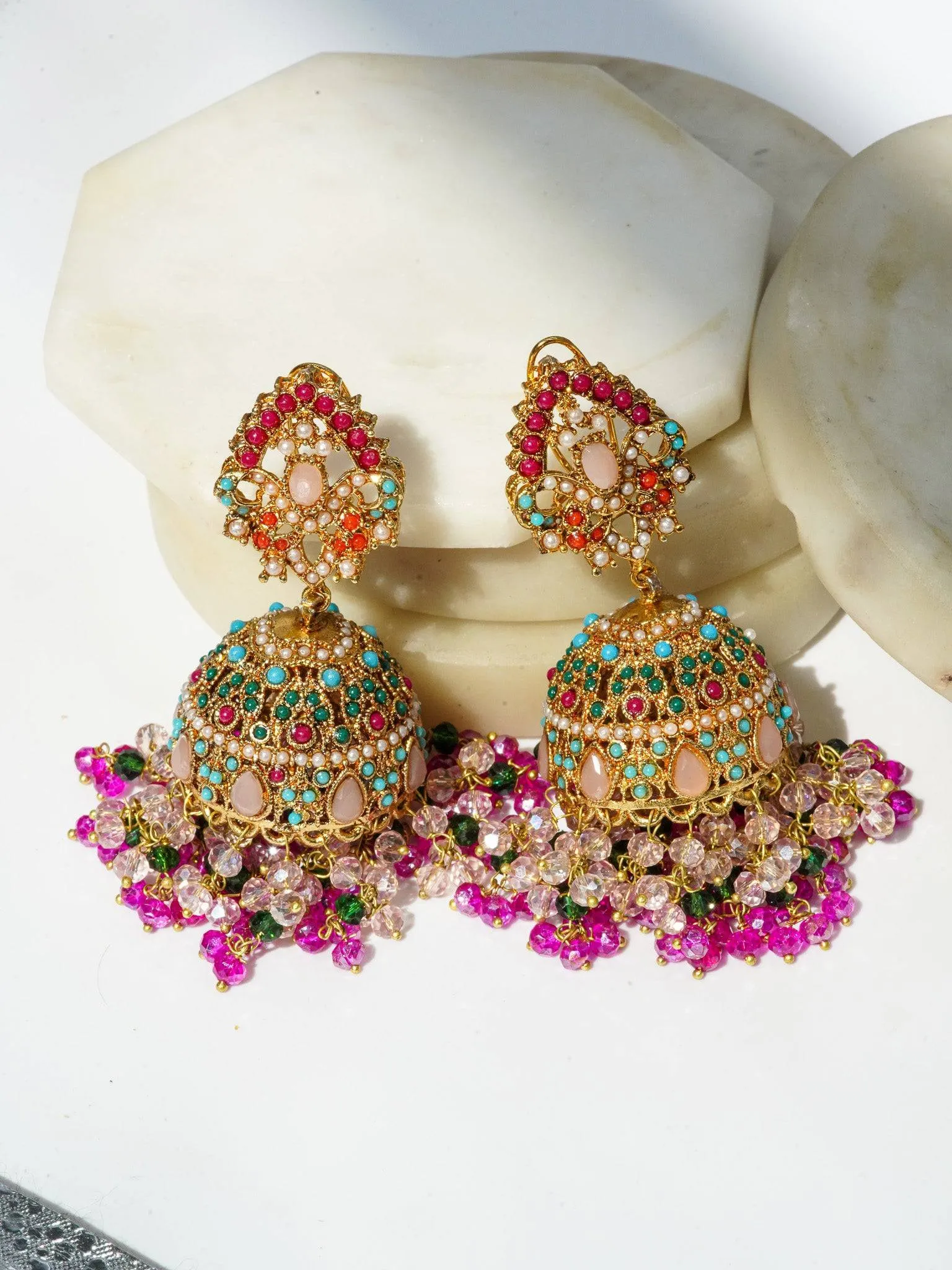 Aamina - Matte Gold Plated Multicolor Jhumkas