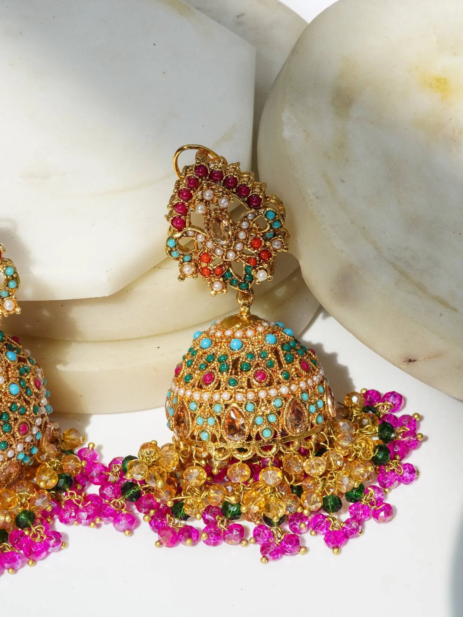 Aamina - Matte Gold Plated Multicolor Jhumkas