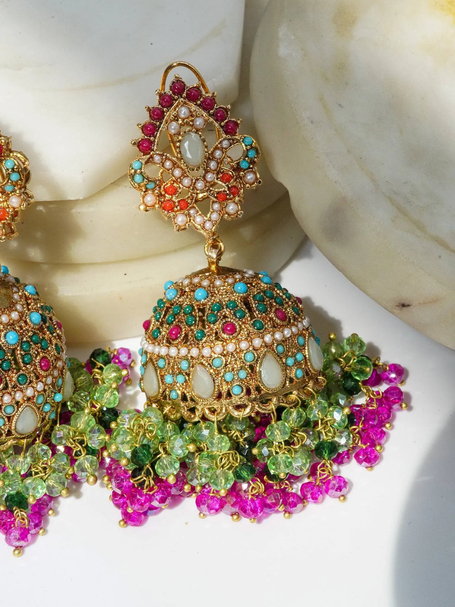 Aamina - Matte Gold Plated Multicolor Jhumkas