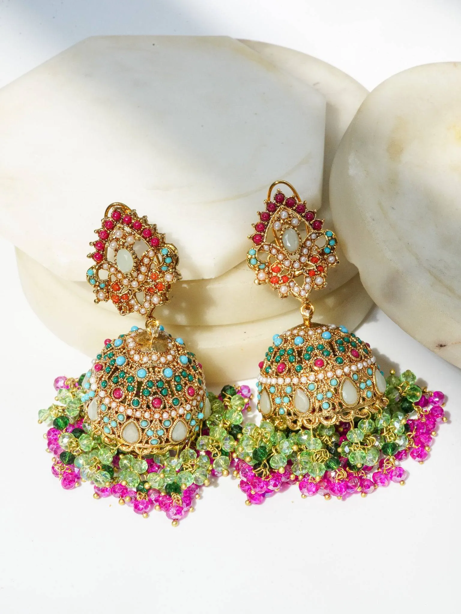 Aamina - Matte Gold Plated Multicolor Jhumkas