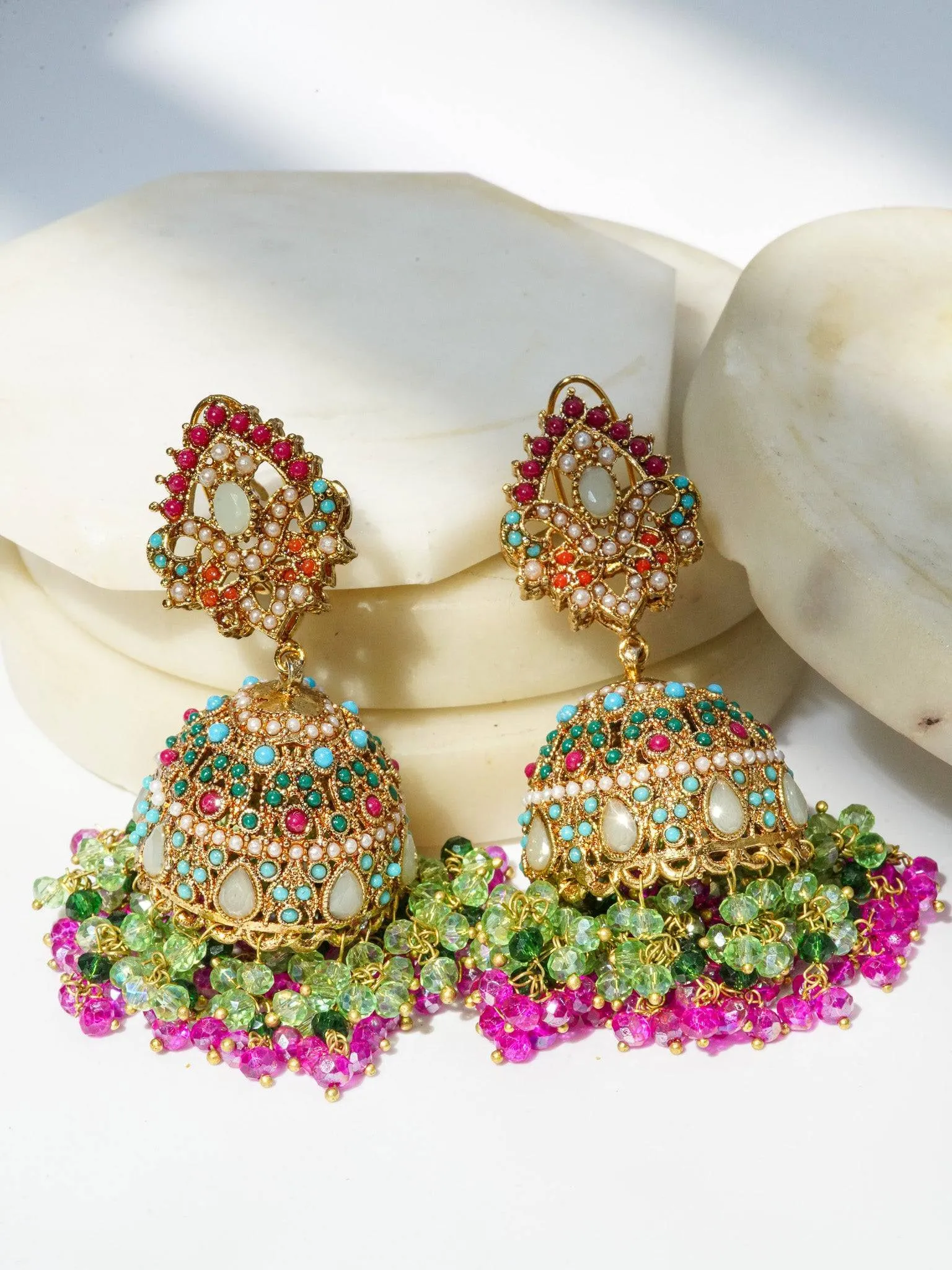 Aamina - Matte Gold Plated Multicolor Jhumkas