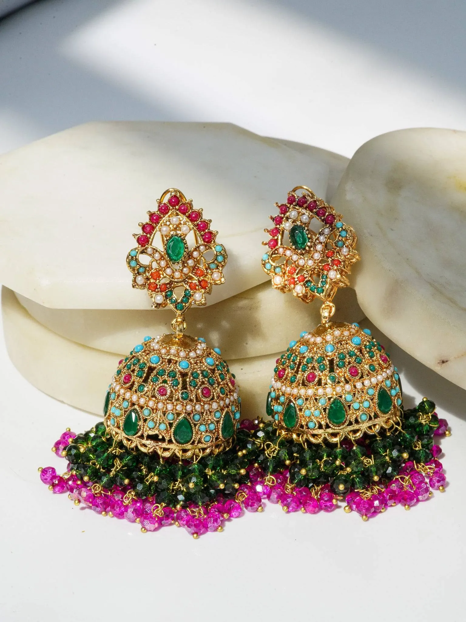 Aamina - Matte Gold Plated Multicolor Jhumkas