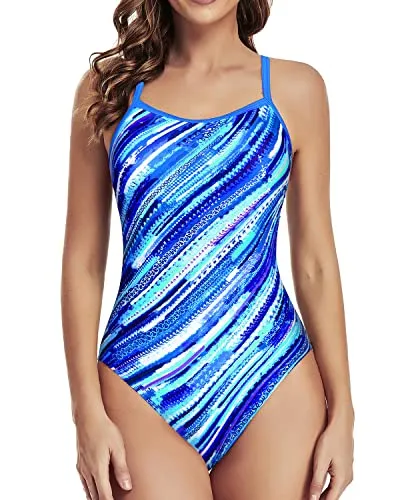 Adjustable Shoulder Straps Athletic One Piece Swimsuits For Women-Blue Pattern