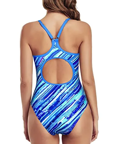 Adjustable Shoulder Straps Athletic One Piece Swimsuits For Women-Blue Pattern