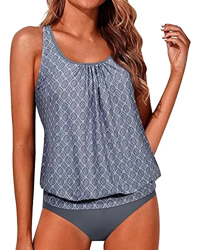 Adjustable Shoulder Straps Blouson Tankini Bathing Suits Women-Grey Tribal