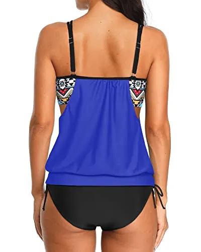 Adjustable Tie Side Shorts Blouson Tankini Swimsuits For Women-Blue