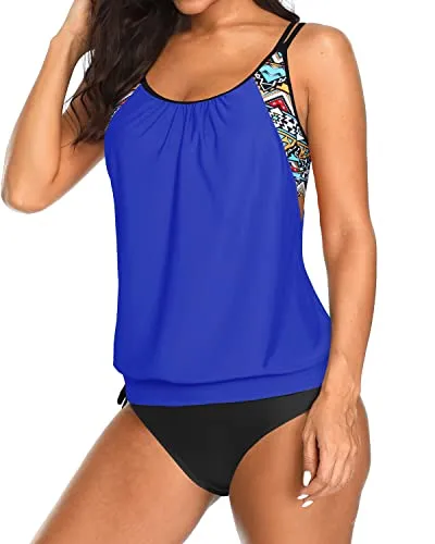 Adjustable Tie Side Shorts Blouson Tankini Swimsuits For Women-Blue