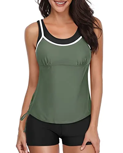 Athletic 2 Piece Tankini Swimsuits Push Up Bra & Adjustable Straps-Olive Green