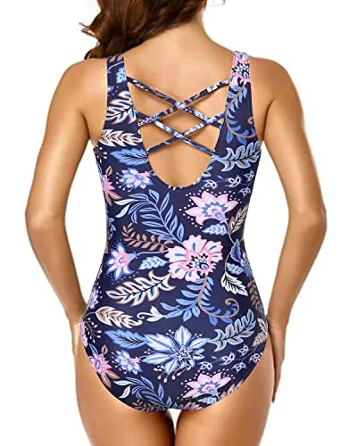 Athletic Women Criss Cross One Piece Swimsuits -Blue Floral