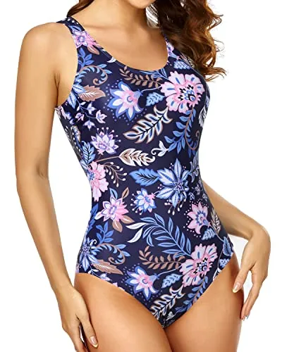 Athletic Women Criss Cross One Piece Swimsuits -Blue Floral