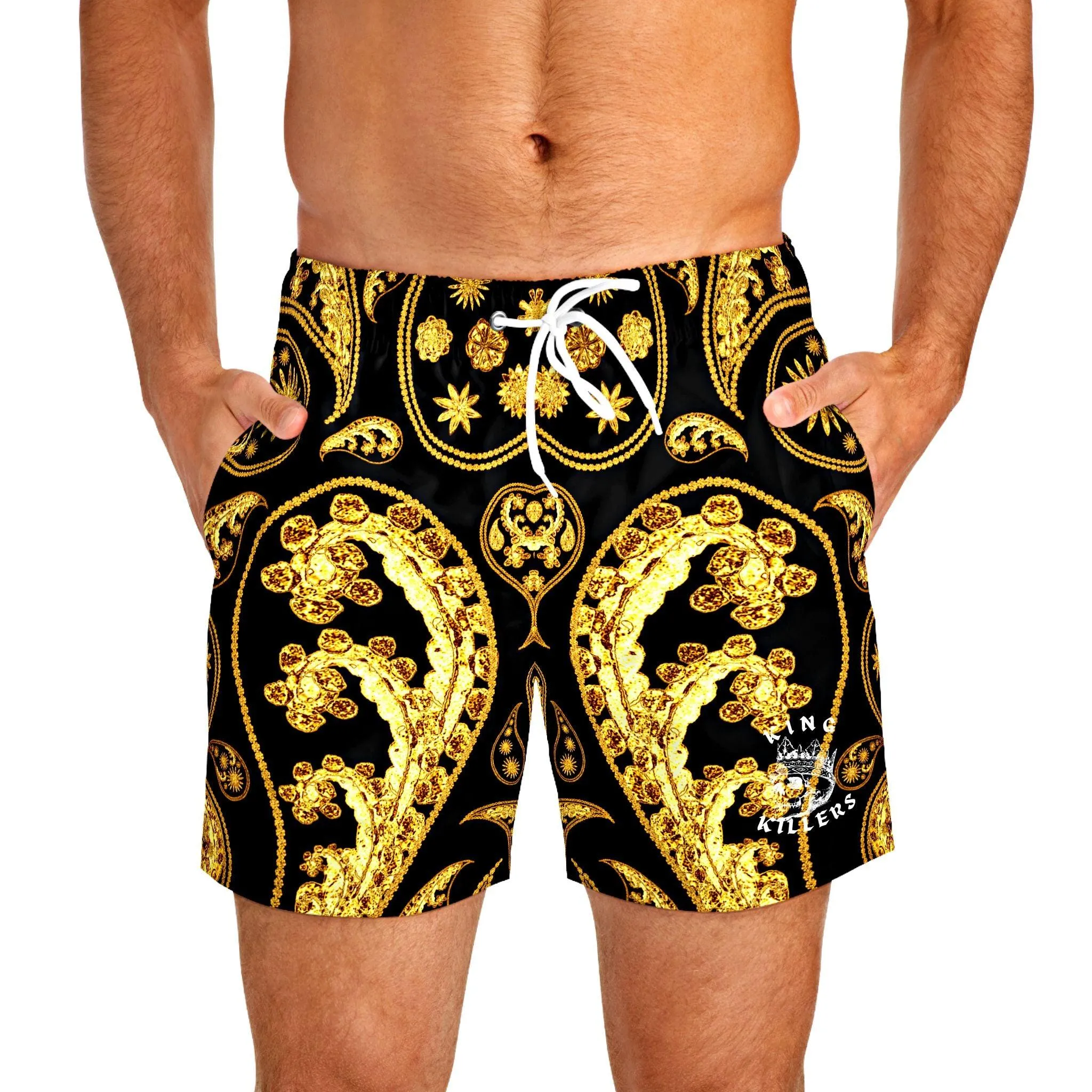 Black & Gold Paisley Swim Trunks For Men