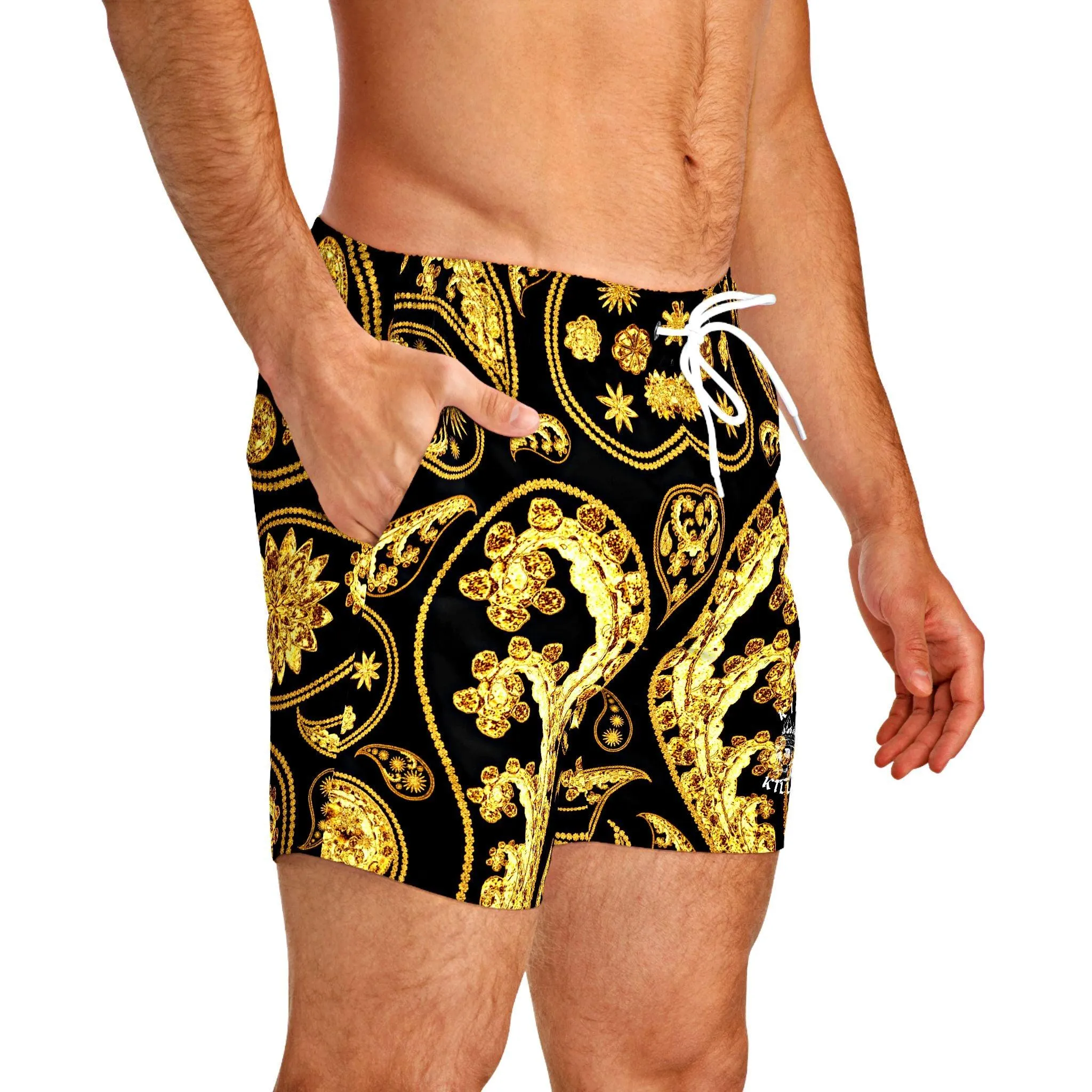 Black & Gold Paisley Swim Trunks For Men