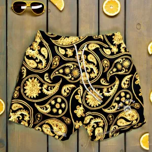 Black & Gold Paisley Swim Trunks For Men