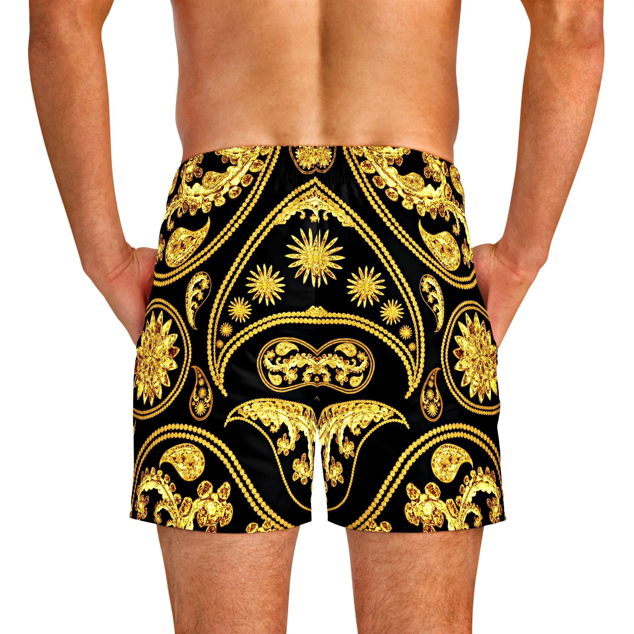 Black & Gold Paisley Swim Trunks For Men