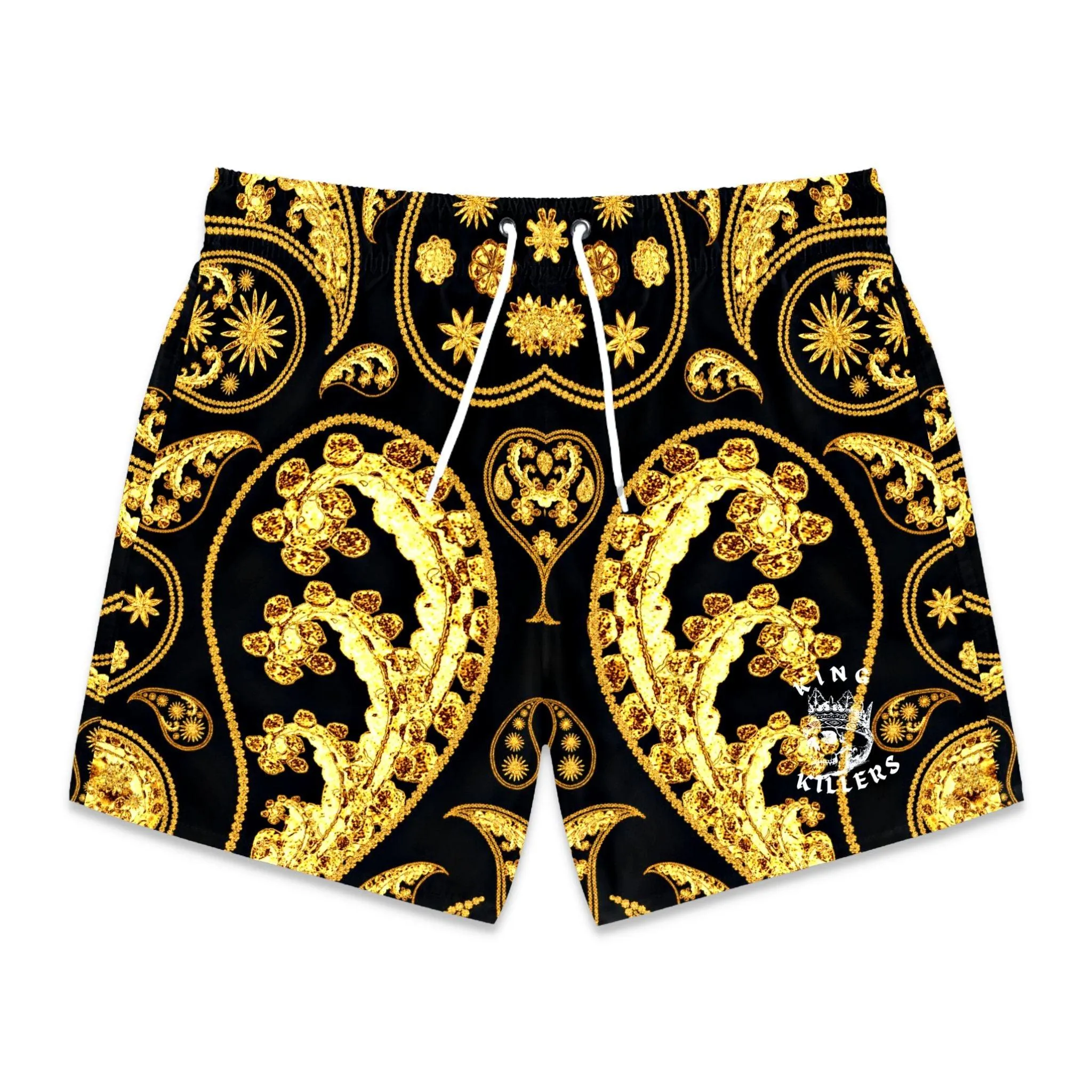 Black & Gold Paisley Swim Trunks For Men