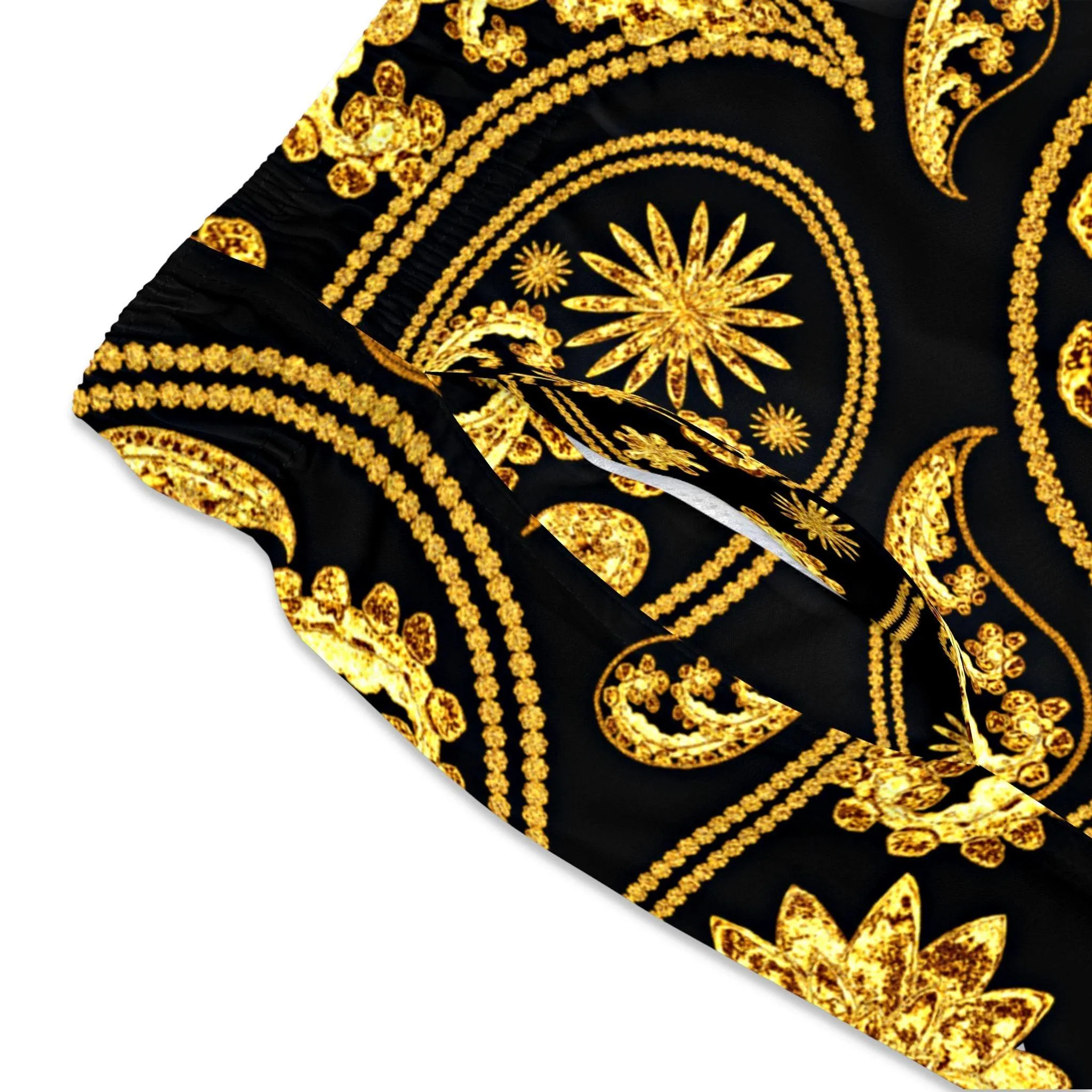 Black & Gold Paisley Swim Trunks For Men