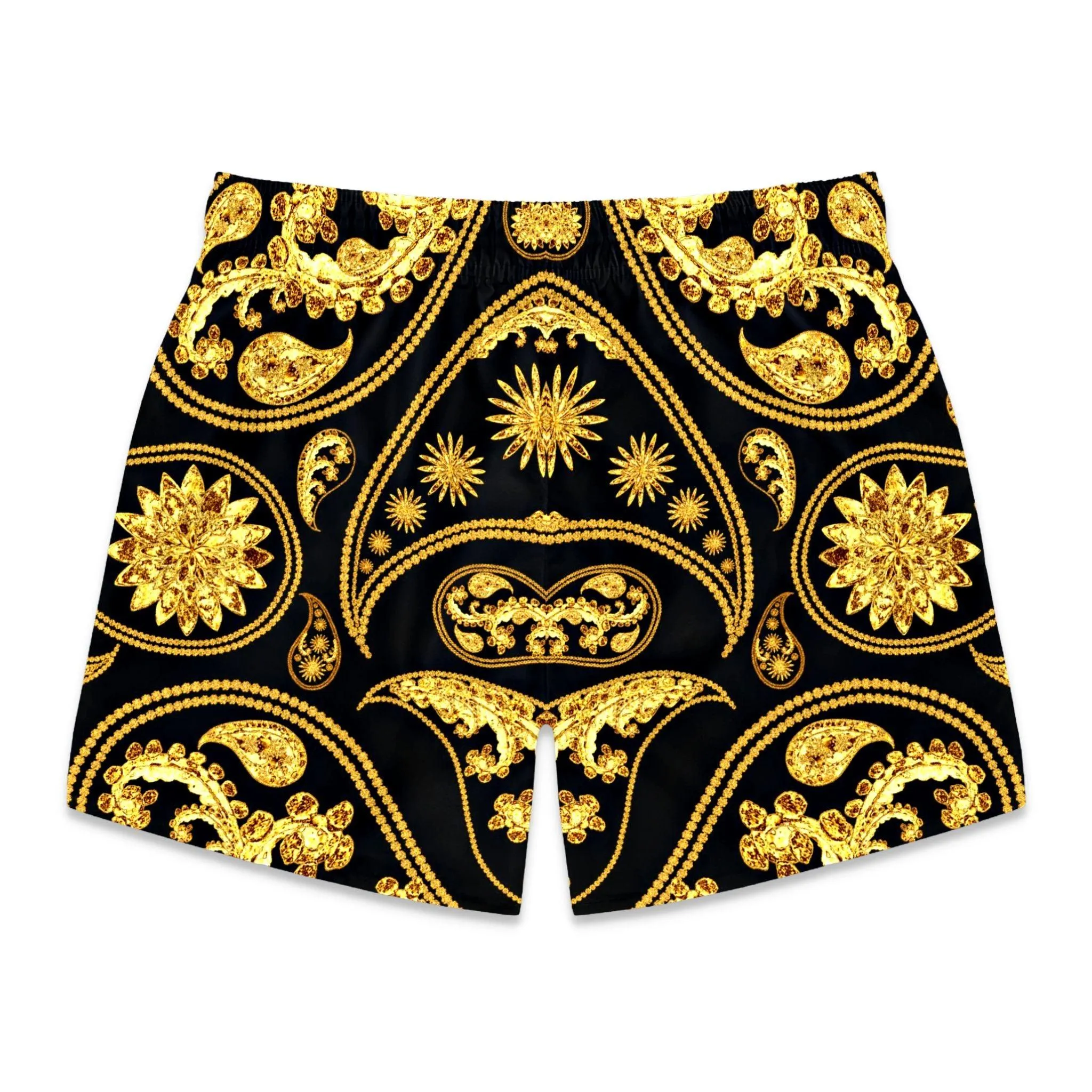 Black & Gold Paisley Swim Trunks For Men