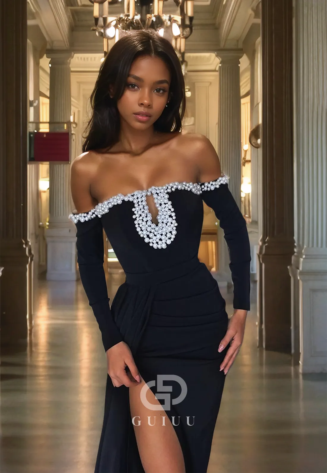 Black Off-Shoulder Sheath Side Slit Prom Dress with Pearls and Sleeves