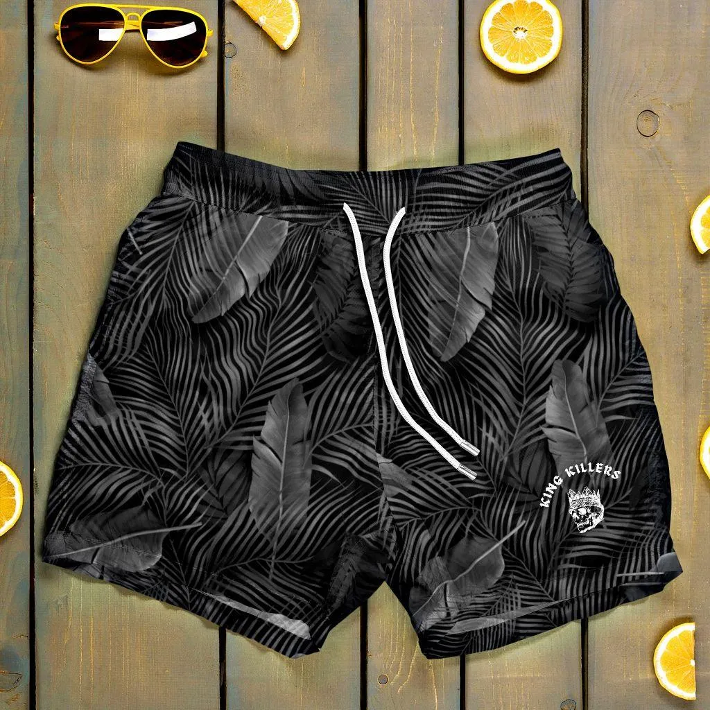 Black Palm Leaf Swim Trunks For Men