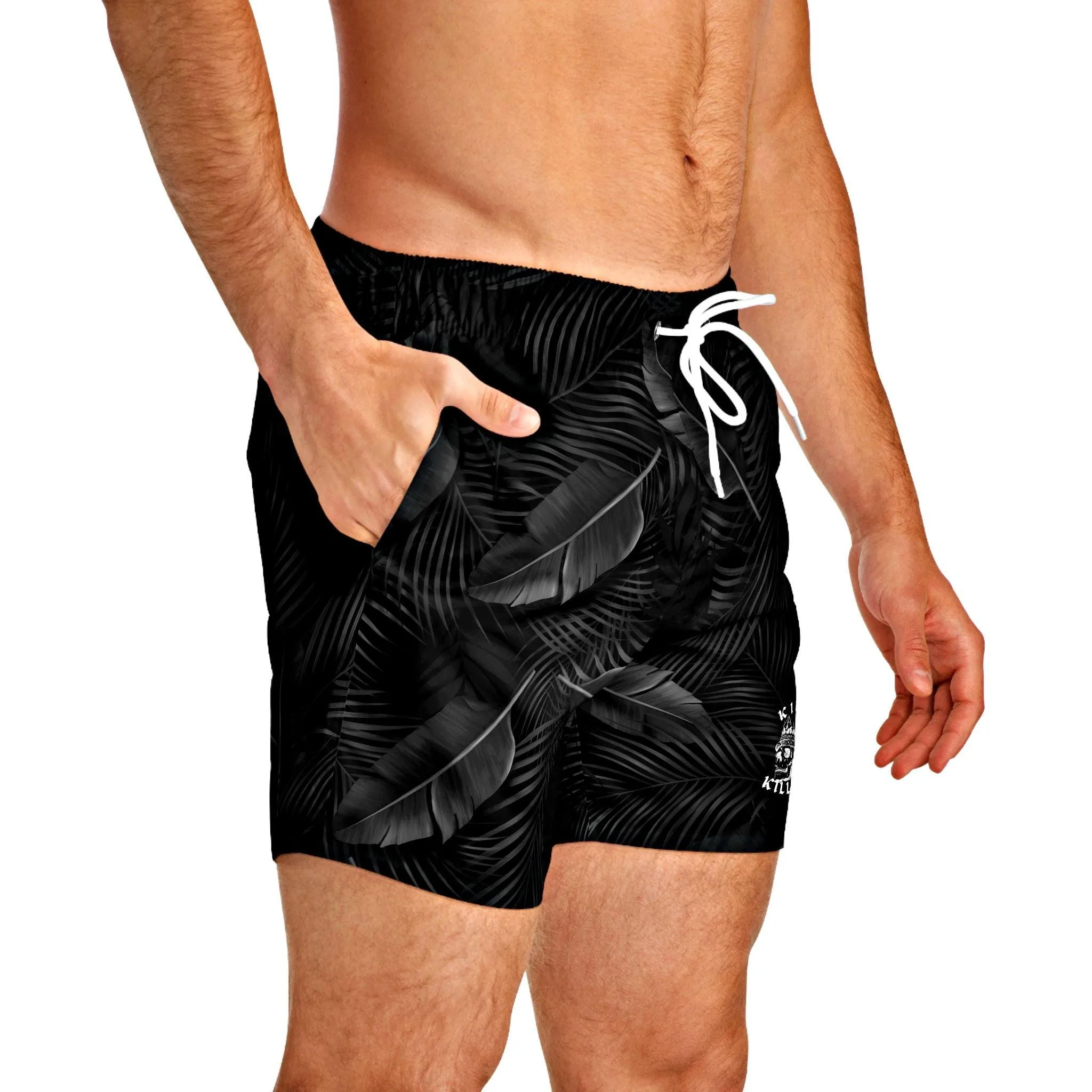 Black Palm Leaf Swim Trunks For Men