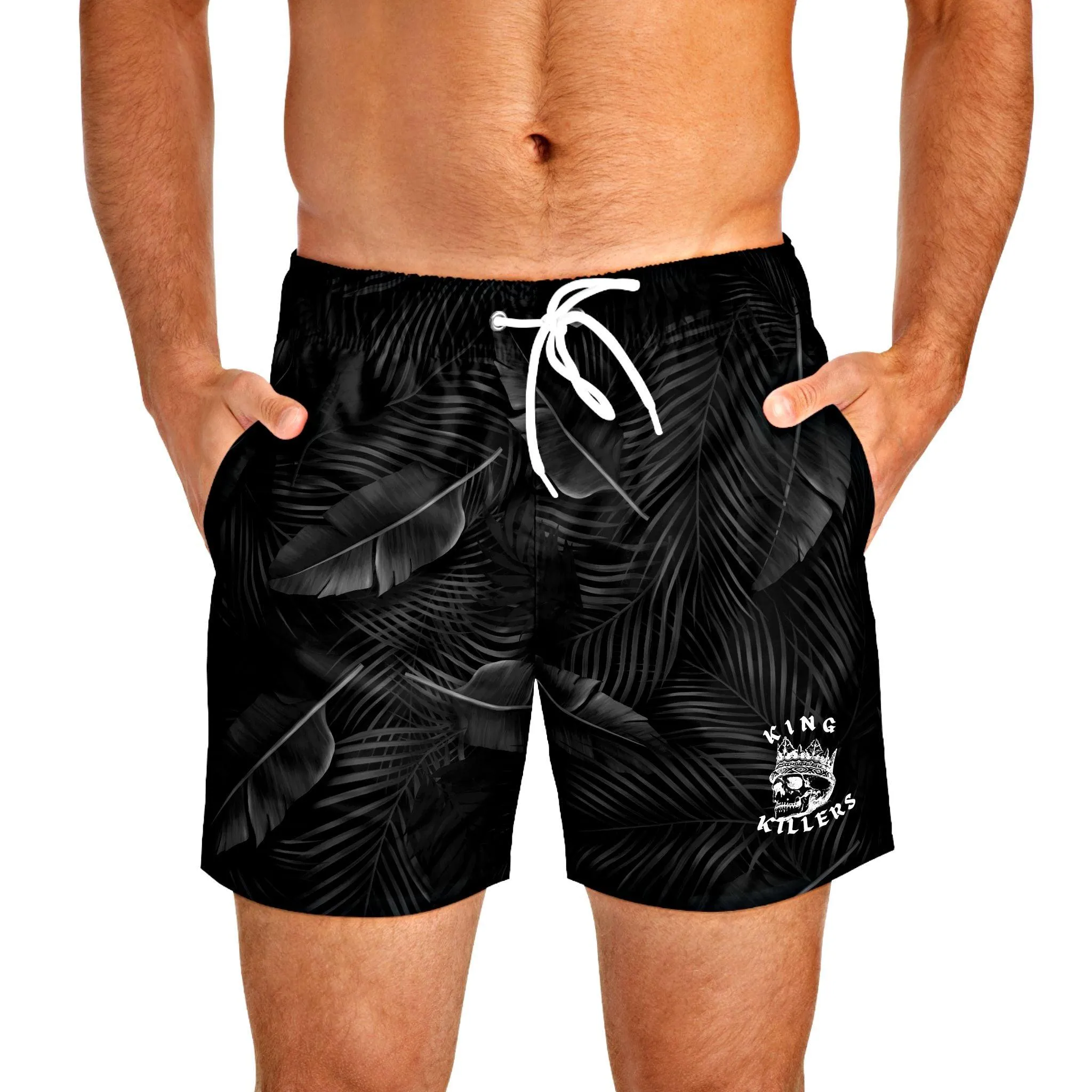 Black Palm Leaf Swim Trunks For Men