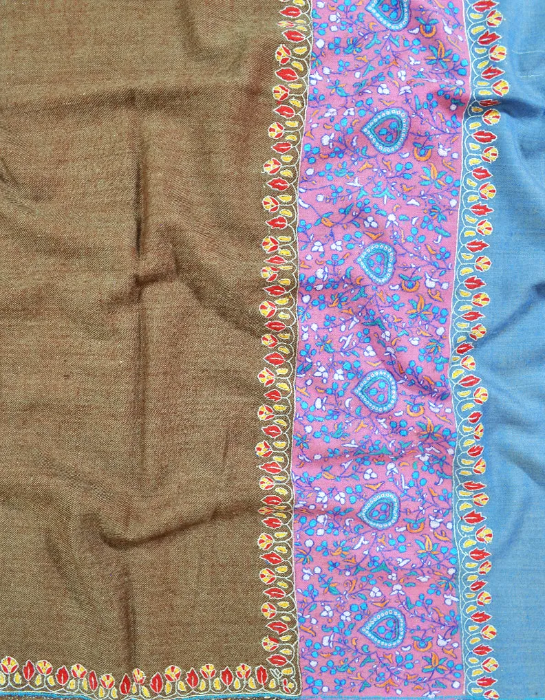 brown and blue embroidery pashmina shawl 8599