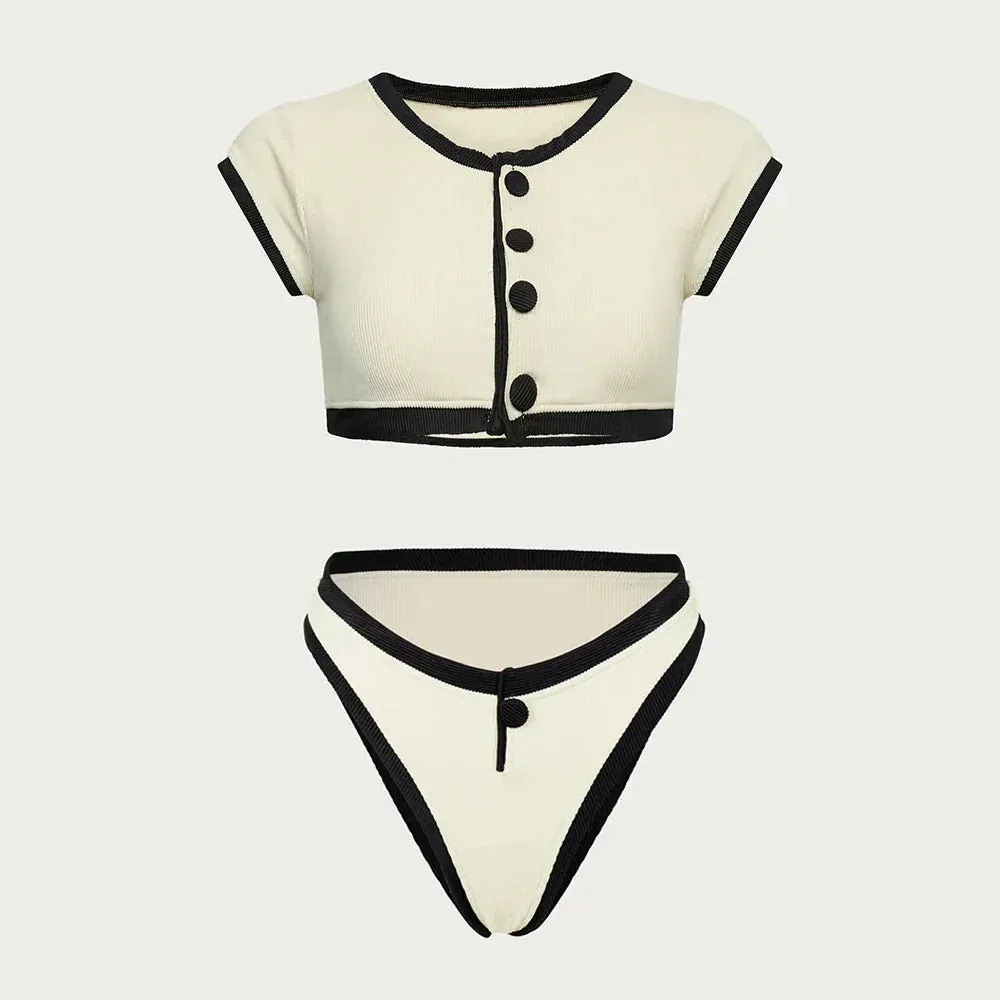 Buttoned Elegant Black & White 2-Piece Swimwear