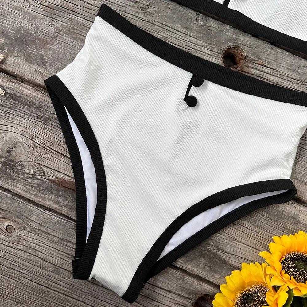 Buttoned Elegant Black & White 2-Piece Swimwear