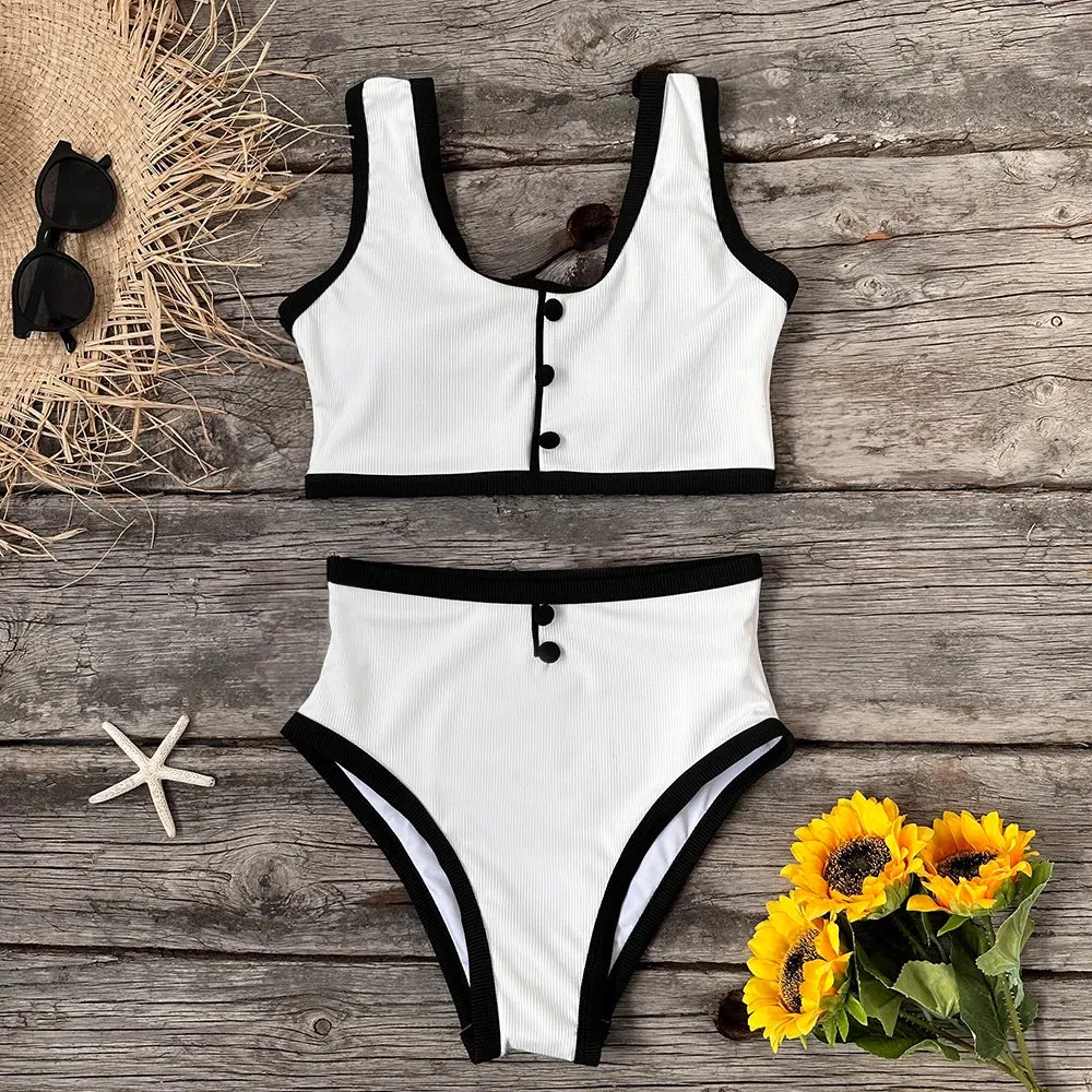 Buttoned Elegant Black & White 2-Piece Swimwear