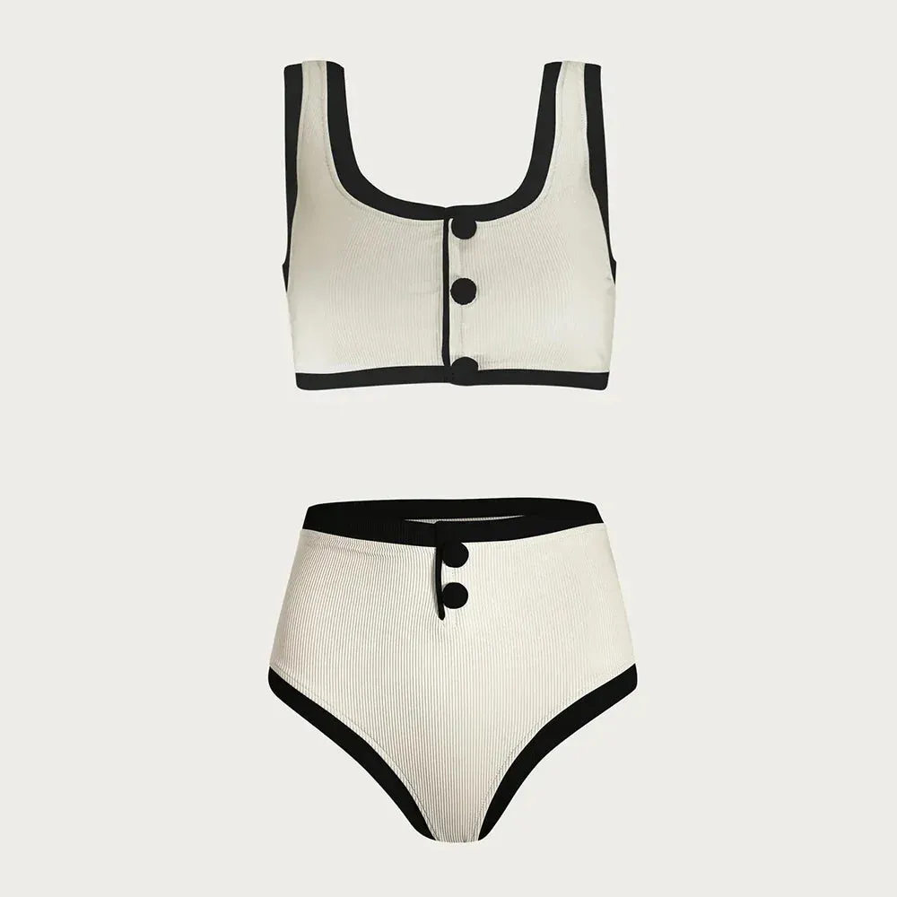 Buttoned Elegant Black & White 2-Piece Swimwear