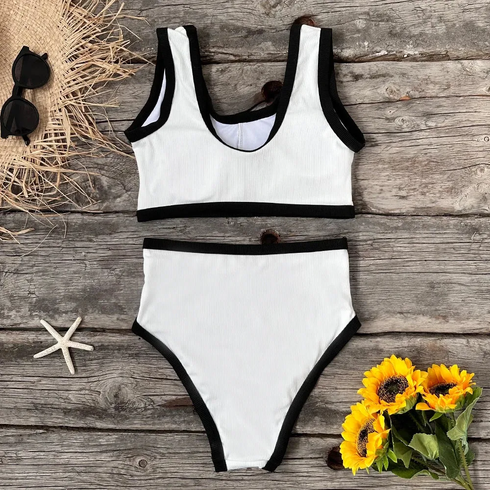 Buttoned Elegant Black & White 2-Piece Swimwear