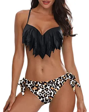 Cheeky Push Up Underwire Bikini Sets Sexy Bathing Suits-Black And Leopard