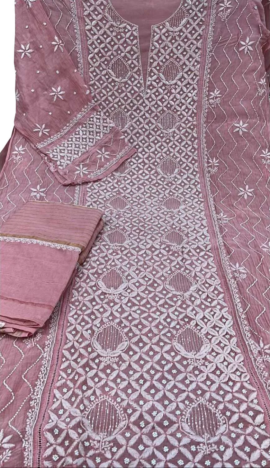 Chic Pink Chikankari Silk Suit with Beads & Sequins