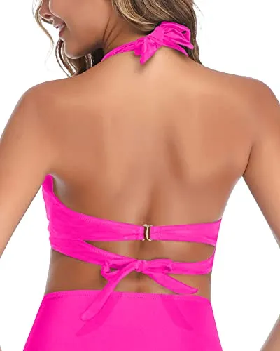 Clasp Hook Closure Push Up Halter Swim Top-Neon Pink