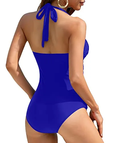 Classic And Elegant Bowknot Swimsuits Halter Bathing Suits For Women-Royal Blue