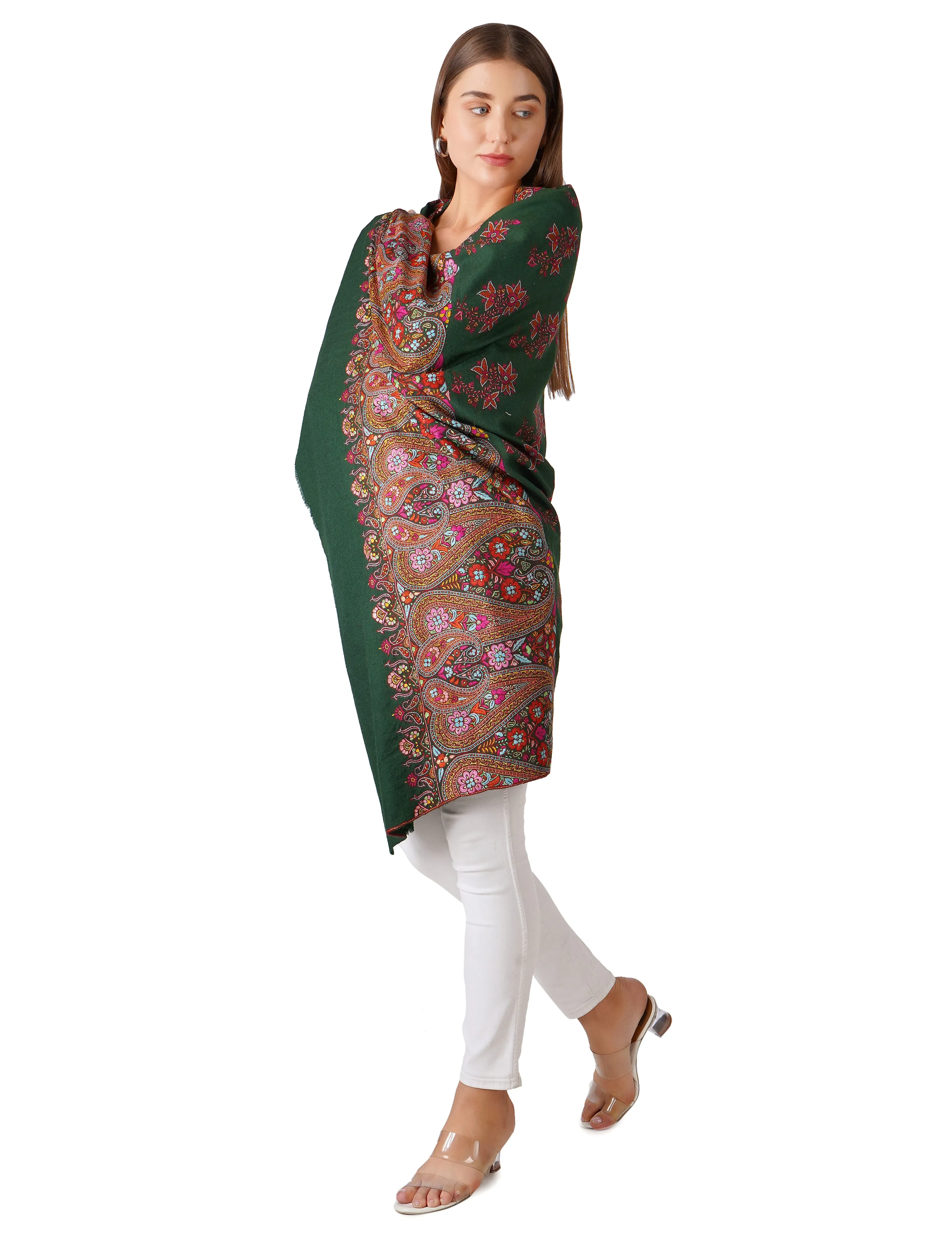 Classic Green Pashmina Shawl with Elegant Embroidery