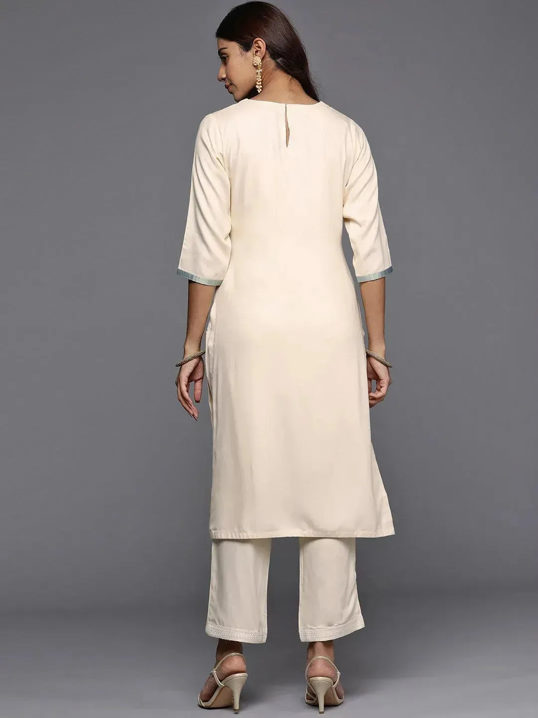 Cream Yoke Design Pashmina Wool Straight Kurta