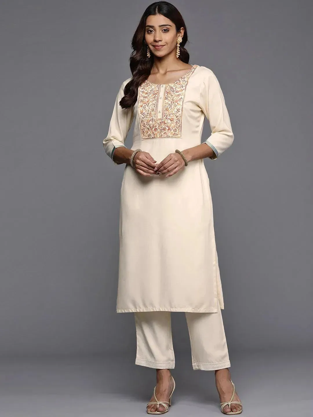 Cream Yoke Design Pashmina Wool Straight Kurta