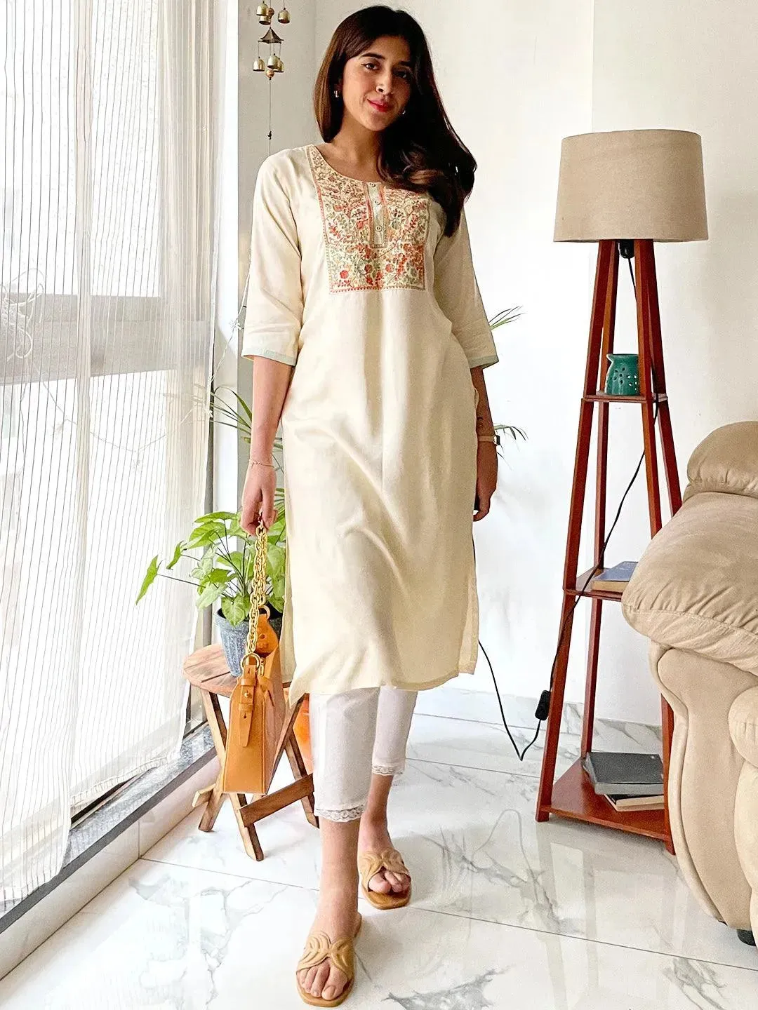 Cream Yoke Design Pashmina Wool Straight Kurta