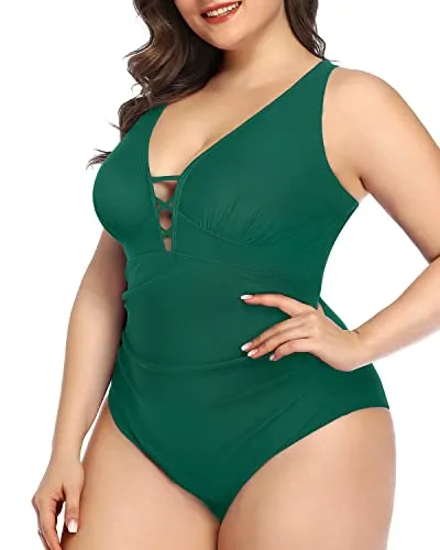 Criss Cross Back Plus Size Slimming One Piece Swimsuit-Emerald Green