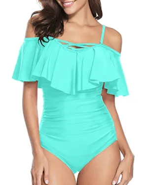 Cute Criss Cross Lace Up Ruffle Off Shoulder One Piece Swimsuits For Women-Aqua