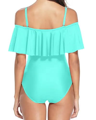 Cute Criss Cross Lace Up Ruffle Off Shoulder One Piece Swimsuits For Women-Aqua