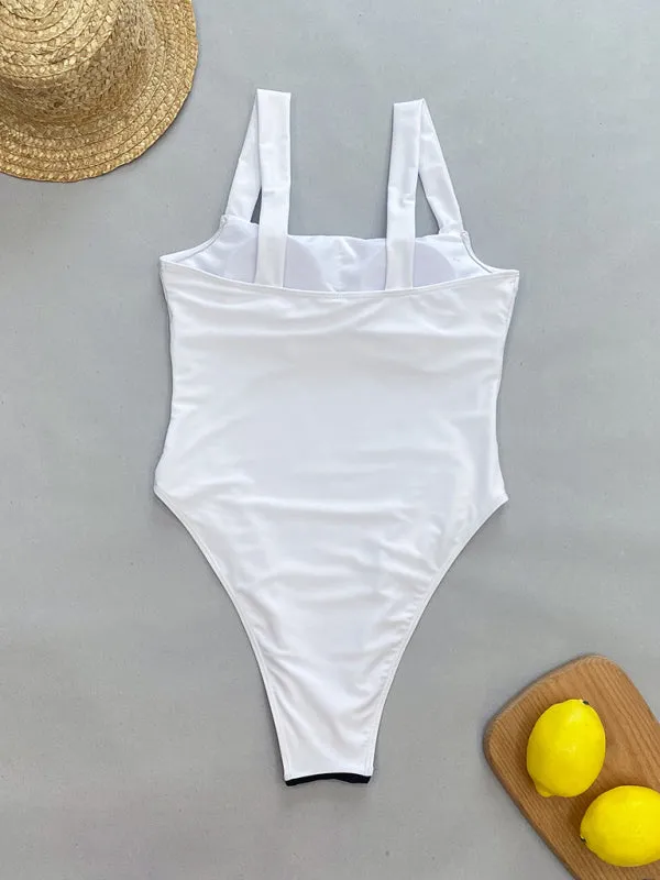 Elegant Contrast Binding One-Piece Swimwear | Square Neck Monokini