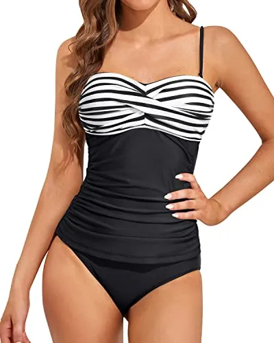 Fashionable Bandeau Tankini Sets For Beach Vacations-Black And White Stripe